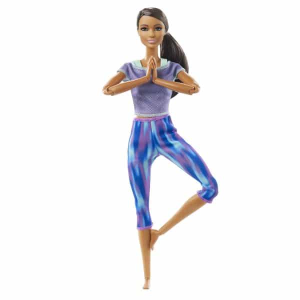 Barbie Made to Move Doll with 22 Flexible Joints and Curly Brunette Ponytail Wearing Athleisure Wear for Kids 3 to 7 Years Old, GXF06, Blue, Purple