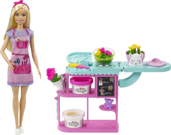 Barbie Florist Playset with 12-in/30.40-cm Blonde Doll, Flower-making Station, 3 Dough Colors, Mold, 2 Vases & Teddy Bear, Great Gift for Ages 3 Years Old & Up