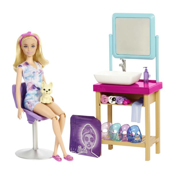 Barbie Sparkle Mask Spa Day Playset, Blonde Barbie Doll, 7 Spa Masks, Sink, Mirror, Chair for a Total of 15+ Accessories, Great Gift for kids 3 to 7 Years Old, HCM82 Barbie Spa Day