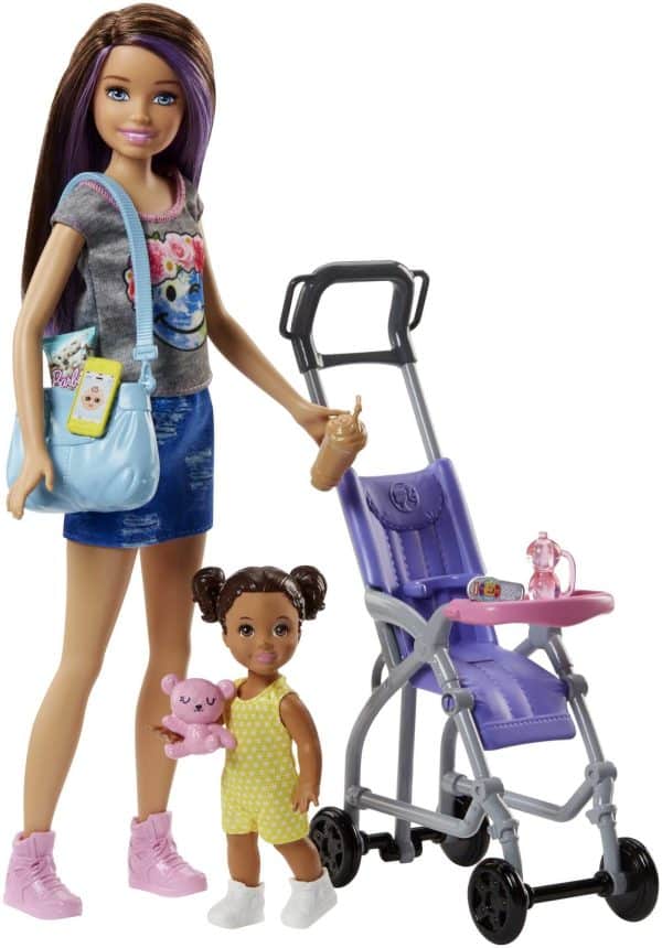 Barbie Skipper Babysitters Doll Playset, Brunette Skipper Doll with Brown Baby Doll, Baby Stroller and Doll Accessories, Toys for Ages 3 and Up, Two Dolls, FJB00 Pram Playset