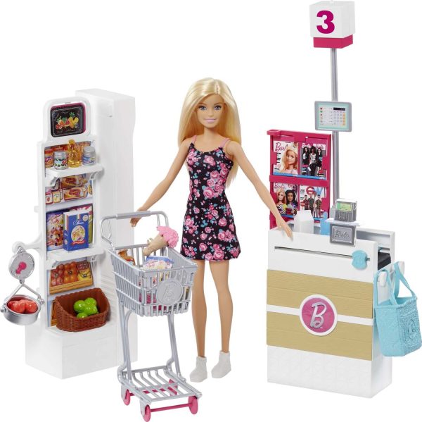 Barbie Doll, Blonde, and Grocery Store with Rolling Cart and Working Belt , FRP01 Single