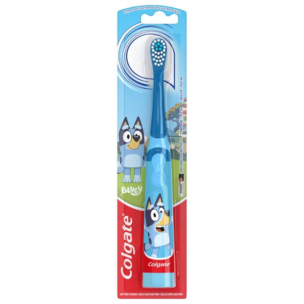 Colgate Kids Battery Powered Toothbrush, Kids Battery Toothbrush with Included AA Battery, Extra Soft Bristles, Flat-Laying Handle to Prevent Rolling, Bluey Toothbrush, 1 Pack Blue 1 count (Pack of 1)