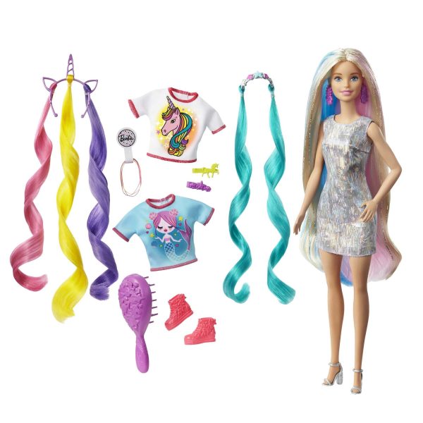 Barbie Fantasy Hair Doll, Barbie Doll with Colourful Blonde Hair, Unicorn Hair Crown and Mermaid Hair Crown, Doll Accessories, Toys for Ages 5 and Up, One Doll, GHN04 Single