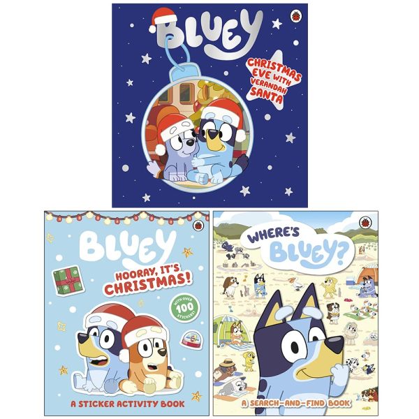 Bluey Collection 3 Books Set (Christmas Eve with Verandah Santa, Hooray It's Christmas Sticker Activity, Where's Bluey? A Search-and-Find Book)