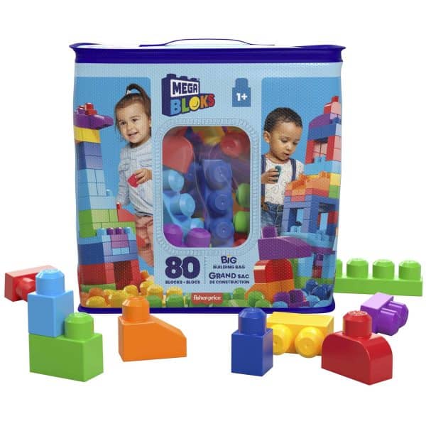 MEGA BLOKS Fisher-Price Toddler Block Toys, Big Building Bag with 80 Pieces and Storage, Blue, Gift Ideas for Kids Age 1+ Years, DCH63