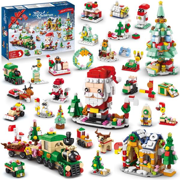 HOGOKIDS Christmas Advent Calendar Building Set - 2023 Countdown Playset 24 Collectible Surprises for Kids Christmas Toys Includes Santa Claus Tree Train House Blocks Boys Girls 6-12+ Years (1122 PCS) Christmas Countdown Building Set