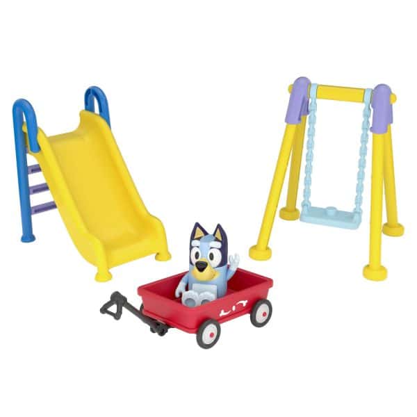 Bluey Park Play Set: Bluey Articulated 2.5 Inch Action Figure and Three Piece Park Playset with Swing, Slide and Ridable Wagon Official Collectable Toy