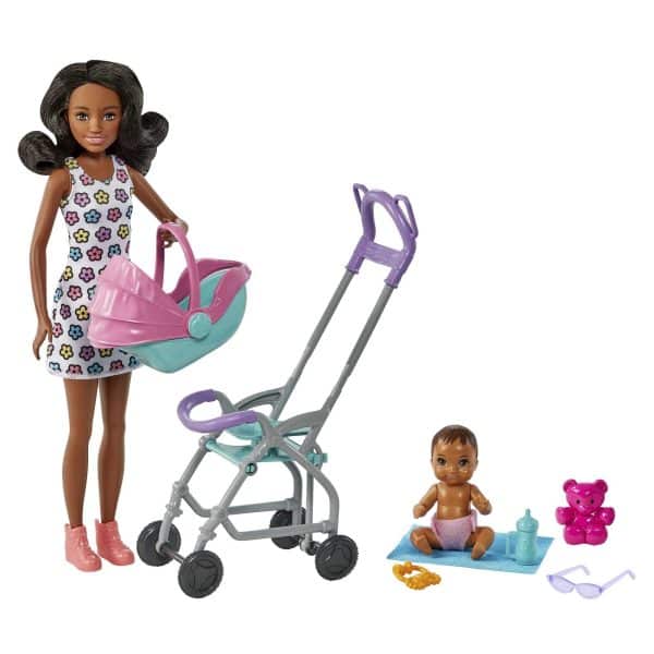 Barbie Skipper Babysitters Inc. Playset with Babysitter Doll (Curly Brunette Hair), Stroller, Baby Doll & 5 Accessories, Toy for 3 Year Olds & Up Single