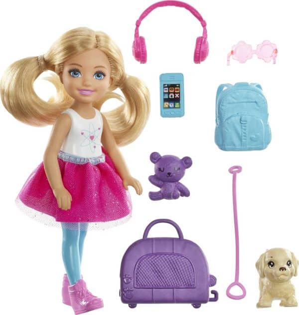 Barbie Dreamhouse Adventures Doll, Blonde Chelsea Doll with Pink Skirt, Toy Puppy, Backpack, Travel Set and Doll Accessories, Toys for Ages 3 and Up, One Barbie Doll, FWV20 Chelsea Single