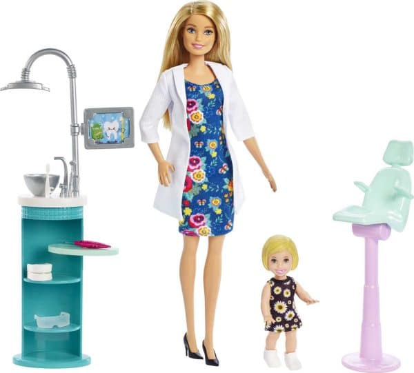 Barbie Dentist Doll, Blonde, and Playset with Blonde Patient Small Doll, Sink, Chair and More, Career-Themed Toy for 3 to 7 Year Old Kids​​, FXP16 Single Single