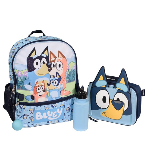 Bluey Girls & Boys Toddler 4 Piece Backpack Set for Kindergarten , School Bag with Front Zip Pocket, Mesh Side Pockets, Insulated Lunch Bag, Water Bottle, and Squish Ball Dangle