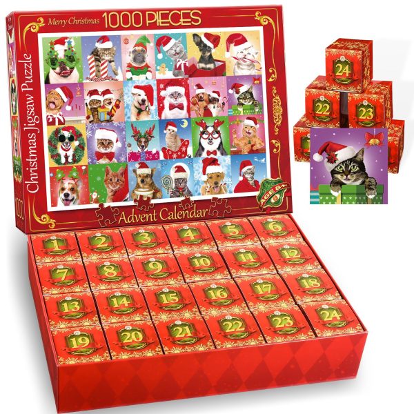 Advent Calendar 2023 Christmas Jigsaw Puzzles, Christmas Dogs & Cats 24 Days Countdown Calendar 1000 Pieces Christmas Holiday Jigsaw Puzzles for Adult Families Xmas Gifts Stocking Stuffers Home Decor