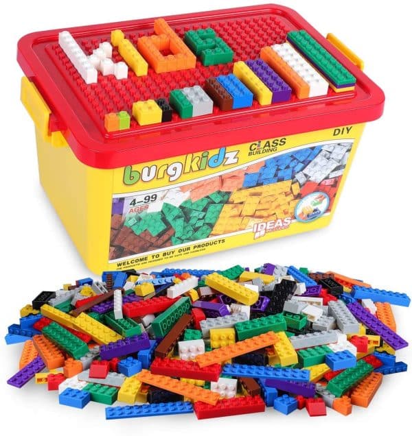 Building Bricks 520 Pieces Construction Toys Set, 500 pcs Basic Building Blocks in 17 Shapes Includes Wheels, Doors and Windows, Bulk Blocks with Reusable Storage Box, Compatible to All Major Brands