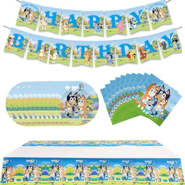 xinglong Bluey Dog Birthday Party Supplies, 32Pcs Bluey Dog Style Decorations for Birthday Party, Bluey Party Supplies for Kids include Banner ,Table cloth ,Plates, and Napkins