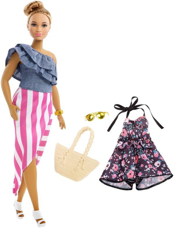 Barbie FRY82 Fashionistas Doll 102 Denim Top and Striped Skirt, Extra Outfit of Floral Romper, Golden Sunglasses, Multi-Colour