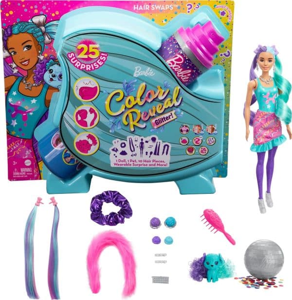 Barbie Color Reveal Doll, Glittery Purple with 25 Hairstyling & Party-Themed Surprises Including 10 Plug-In Hair Pieces, Gift for Kids 3 Years Old & Up Balloon