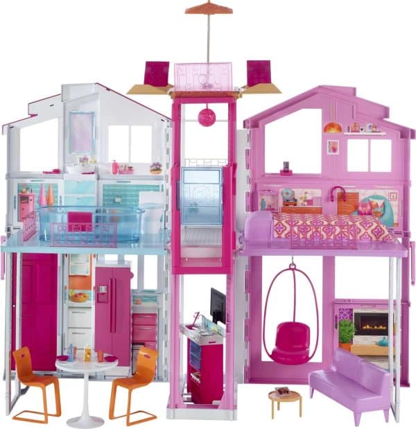 Barbie 3-Story Townhouse Dollhouse with Elevator, Swing Chair, Furniture and Accessories, Fold for Portability and Travel, DLY32 House Single