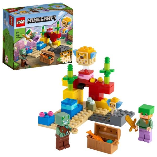 LEGO 21164 Minecraft The Coral Reef Building Toy with Alex, 2 Brick-Build Puffer Fish and Drowned Zombie Figures, Gifts for Kids, Boys & Girls Single