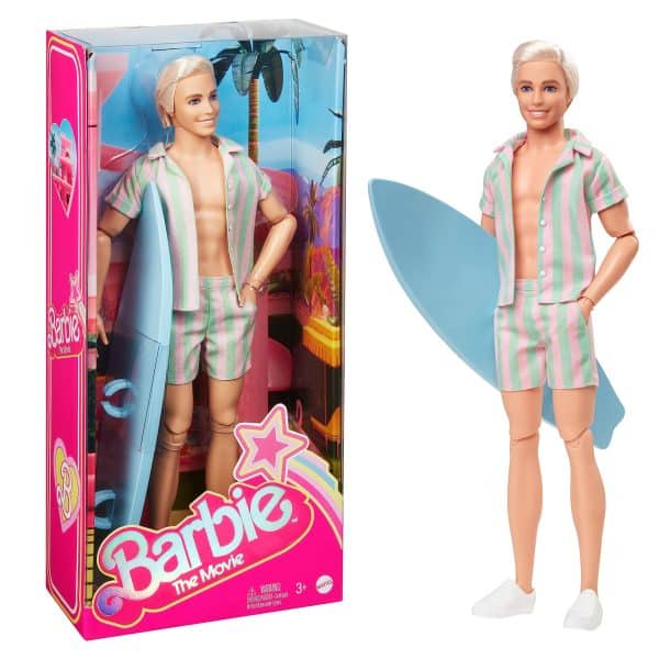 ​Barbie The Movie Ken Doll Wearing Pastel Pink and Green Striped Beach Matching Set with Surfboard and White Sneakers, HPJ97