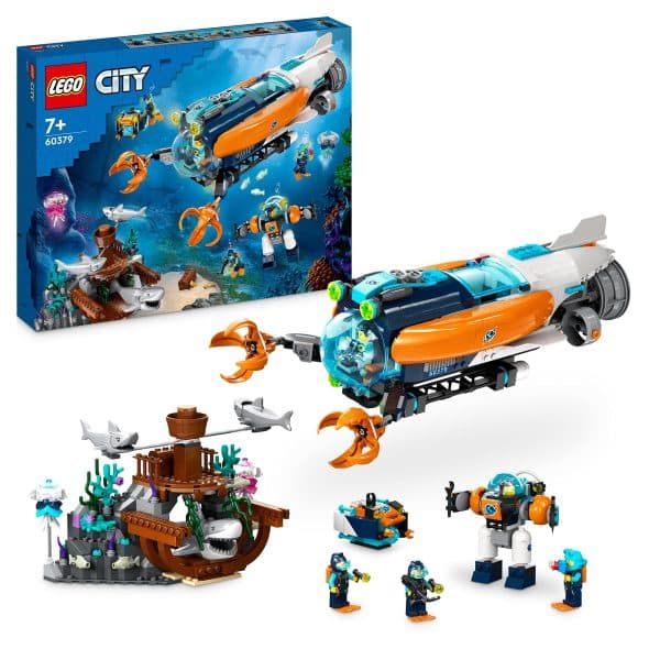 LEGO 60379 City Deep-Sea Explorer Submarine Toy, Underwater Ocean Set, Christmas Toys, Gift for Kids, Boys, Girls Aged 7 Plus with Drone, Shark Figures, Shipwreck and Diver Minifigures Single