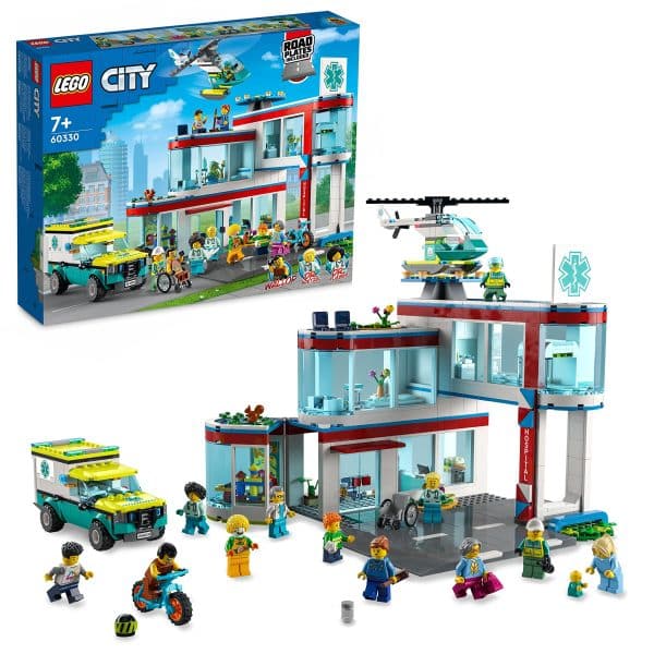 LEGO 60330 City Hospital Building Set with Ambulance Toy Truck, Rescue Helicopter, Road Plates and 12 Minifigures, Gifts for 7 Plus Year Old Kids, Boys & Girls Standard packaging